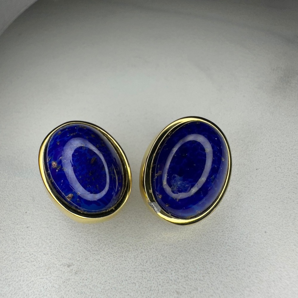 Christian Dior Gold Tone Grose Glass "Lapis Lazuli" Cabochon Clip On‎ Earrings